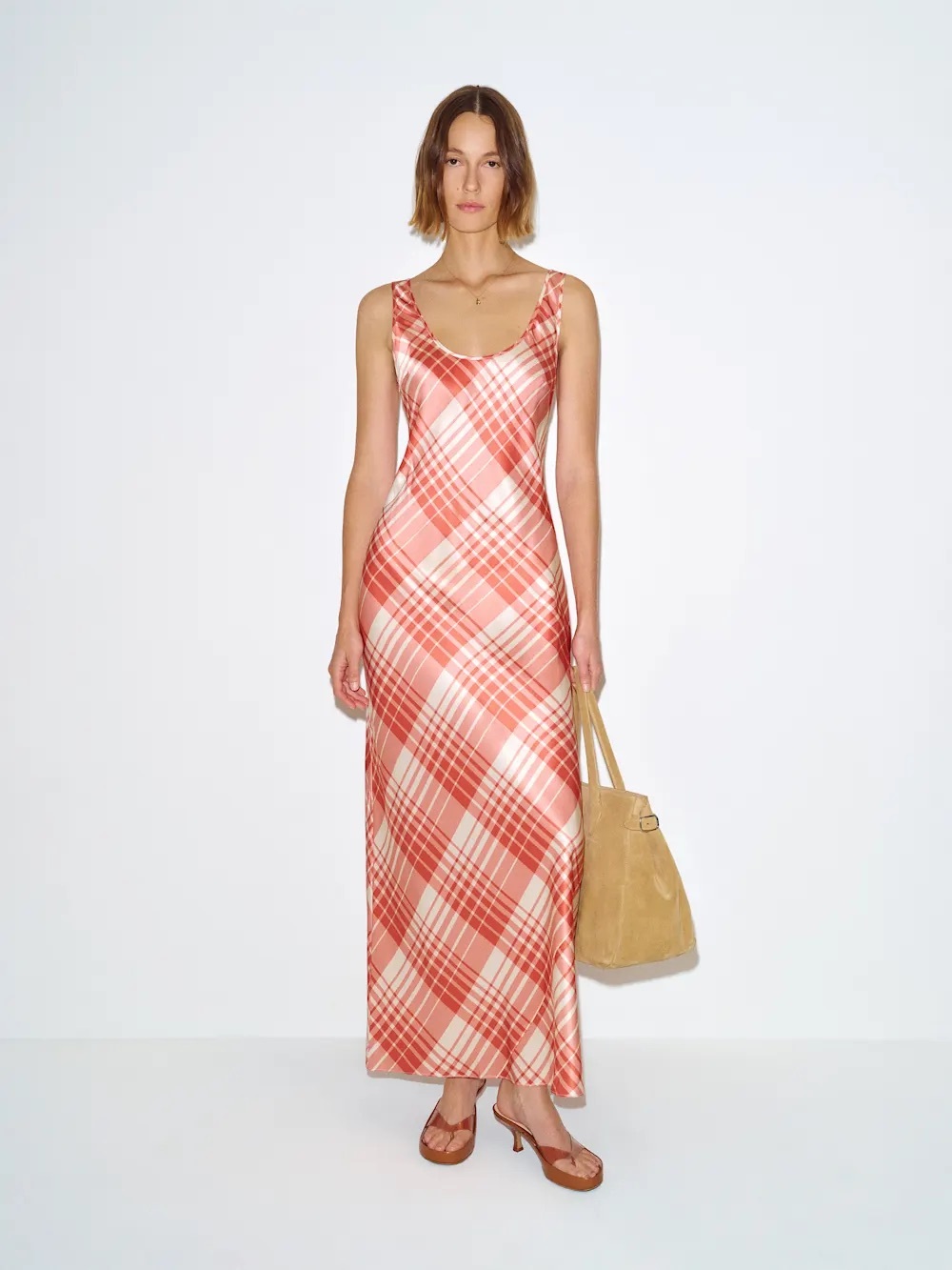 Reformation Pamela Silk Dress in guava Plaid, NEW WITHOUT TAGS, NEVER WORN.
